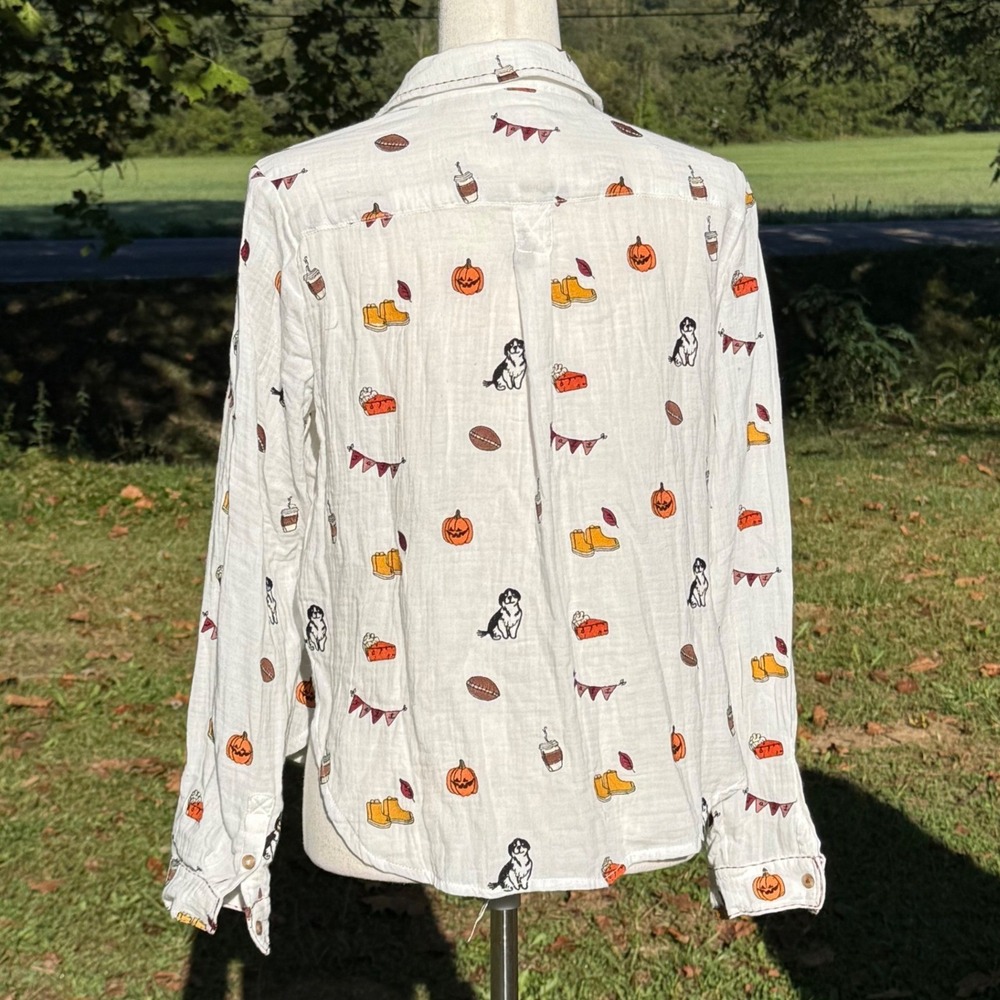 Pilcro Anthropologie Embroidered Fall Motif Cotton Gauze Button Down Shirt M - Picture 3 of 11